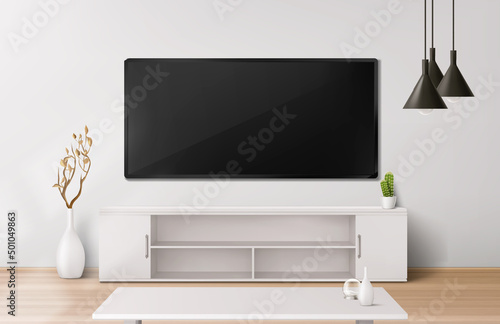 Foto Living room with wide lcd tv screen, stand and table