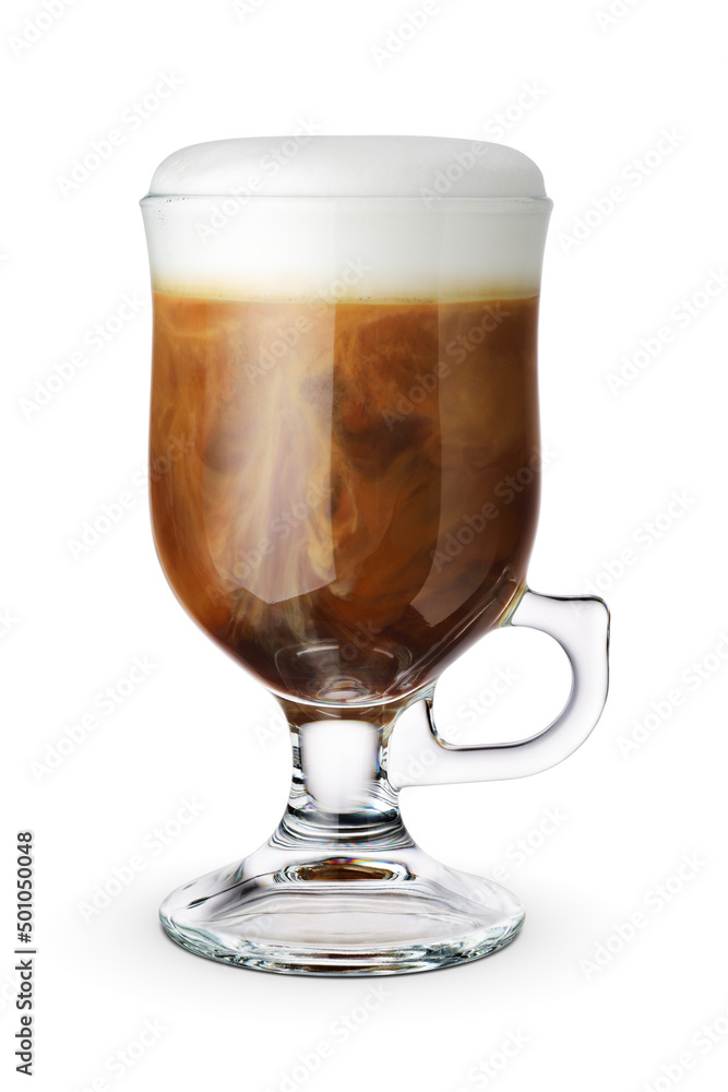 Glass cup with cappuccino coffe isolated. Glass cup with cappuccino coffe isolated.