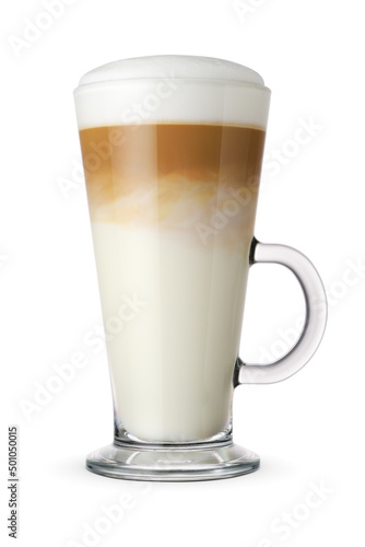 Latte coffee in a transparent glass cup isolated.