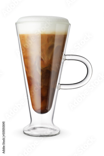 Glass cup with cappuccino coffe isolated.