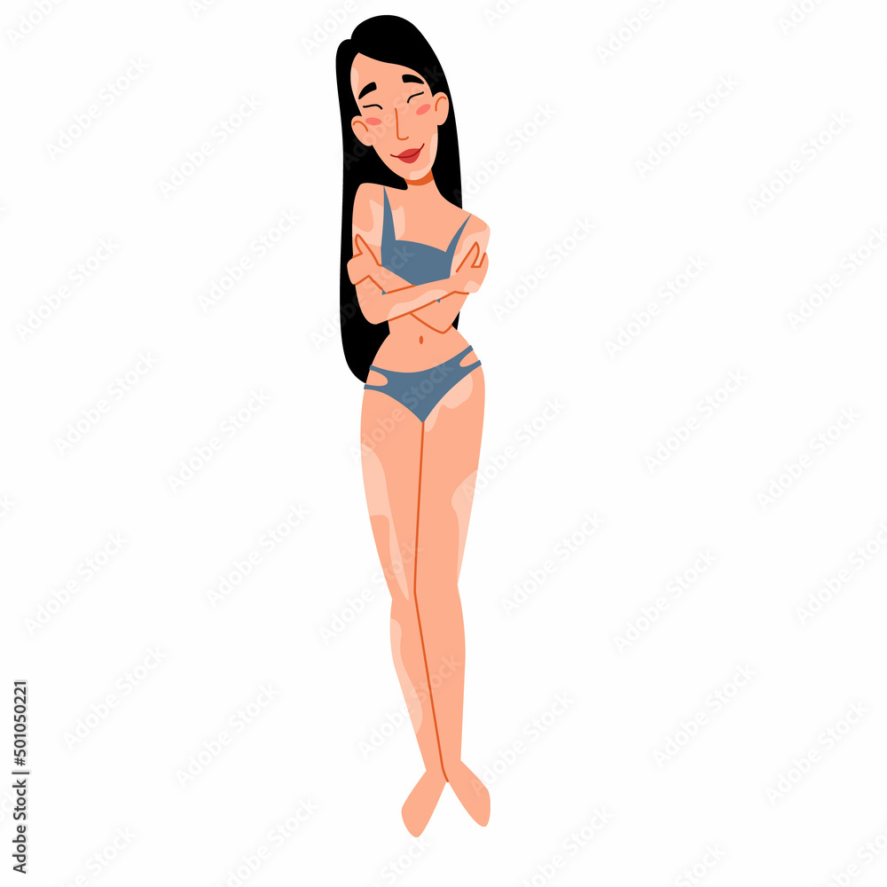 Slender Asian woman with vitiligo. The girl hugs herself. The concept of body positivity, self-acceptance. skin disease vitiligo. Vector isolated illustration in a flat style on a white background. Slender Asian woman with vitiligo. The girl hugs herself. The concept of body positivity, self-acceptance. skin disease vitiligo. Vector isolated illustration in a flat style on a white background.
