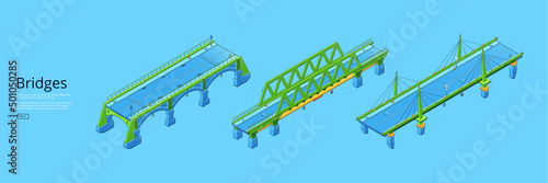 Bridges isometric web banner with city infrastructure, famous landmark, concrete or pontoon construction for transportation, crossing water or road. Urban drawbridges 3d vector line art web banner