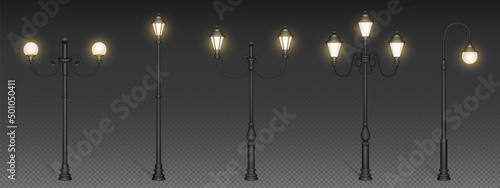 Vintage street lights, retro lampposts for urban lighting. City architecture design objects with luminous glowing lamps on steel poles isolated on transparent background Realistic 3d vector mockup set