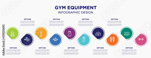 gym equipment concept infographic design template. included horsewoman, horsepower, chesspiece, hang gliding, energy bar, , kmh, shin, barbell for abstract background.