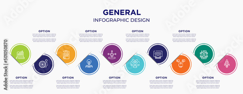 general concept infographic design template. included info chart, inflate tire, hr policies, energy efficiency, coordinate, computer vision, atm cash, bpm, creative pencil rocket for abstract