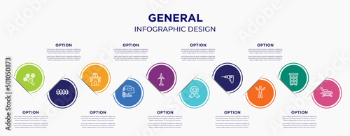 general concept infographic design template. included daisy bouquet, wooden fence, bridge on avenue perspective, fretsaw, renewable energy label, winning, perforator, man with open arms, deckchair