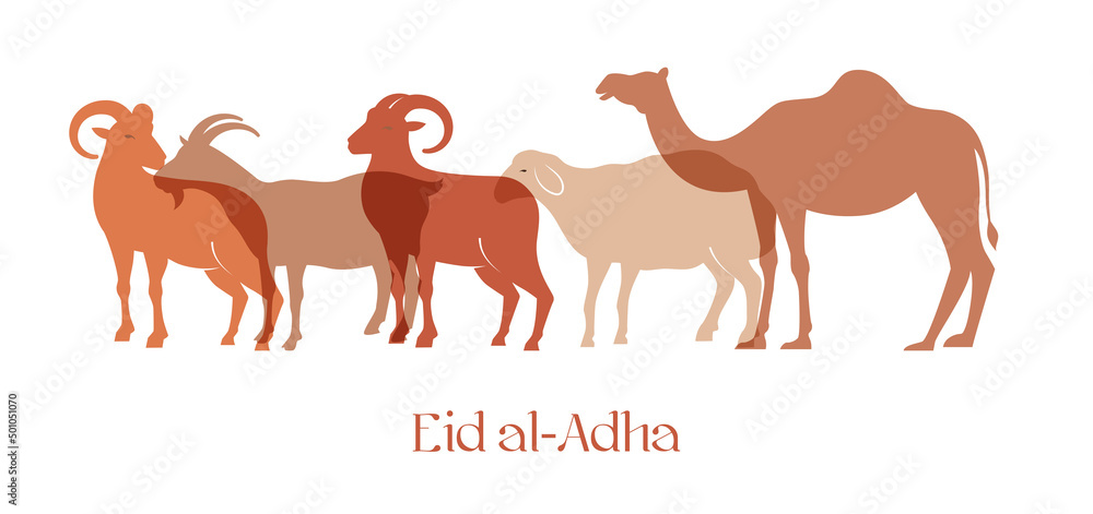 Eid Al Adha festival. Greeting card with sacrificial sheep and crescent on cloudy night background. Eid Mubarak theme. Vector illustration.
