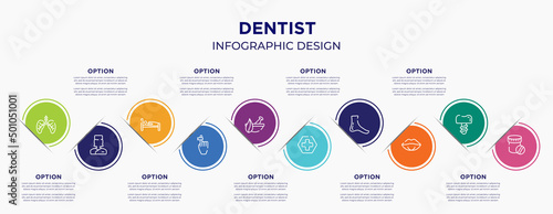 dentist concept infographic design template. included lungs with the trachea, medical doctor specialist, human sleeping on bed, hand finger with a ribbon, natural herbs and a mortar for healing, red