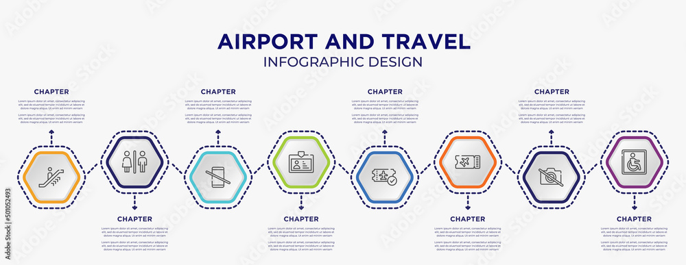 airport and travel concept infographic template with 8 step or option. included upwards or, male and female toilet, pass card, verified boarding card, flight ticket, wheelchair accessible icons for - obrazy, fototapety, plakaty 