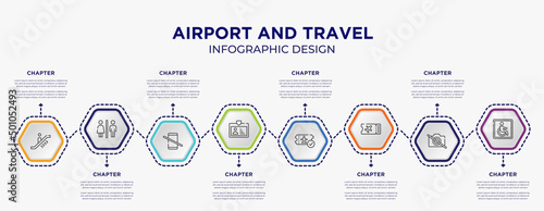 airport and travel concept infographic template with 8 step or option. included upwards or, male and female toilet, pass card, verified boarding card, flight ticket, wheelchair accessible icons for