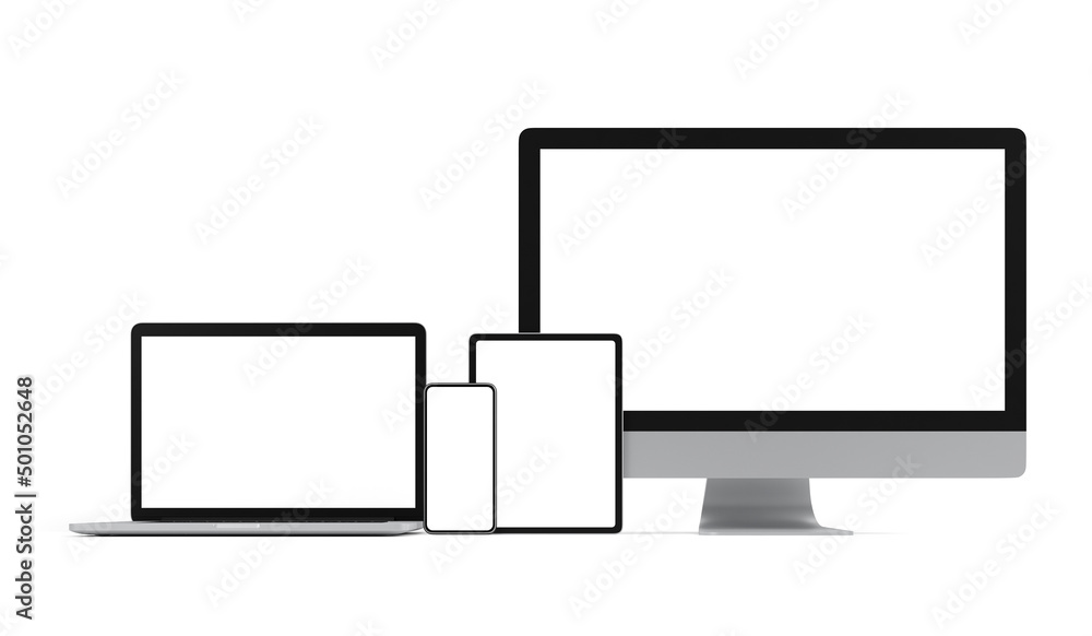 Computer, Laptop, smart phone and tablet with blank screen isolated on white background, 3d illustration, clipping path. Computer, Laptop, smart phone and tablet with blank screen isolated on white background, 3d illustration, clipping path.