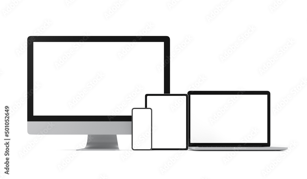Computer, Laptop, smart phone and tablet with blank screen isolated on white background, 3d illustration, clipping path. Computer, Laptop, smart phone and tablet with blank screen isolated on white background, 3d illustration, clipping path.