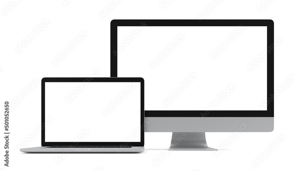 Computer and Laptop with blank screen isolated on white background, 3d illustration, clipping path. Computer and Laptop with blank screen isolated on white background, 3d illustration, clipping path.