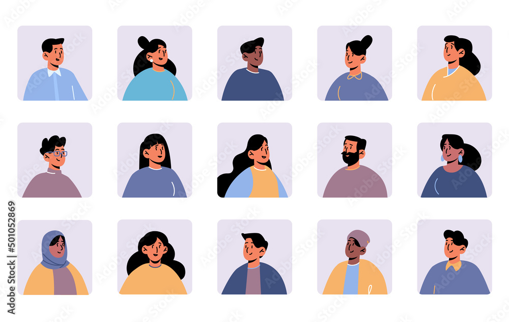 Diverse people avatars, man and woman characters faces for social media  profile. Vector flat illustration of portraits male and female person with  different hairstyle in square frame Stock Vector | Adobe Stock