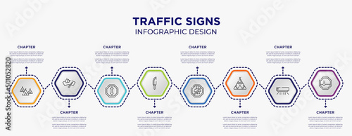 traffic signs concept infographic template with 8 step or option. included indian village, winshield wiper, knife in sheath, no shower, native american wigwam, pothole icons for abstract background.