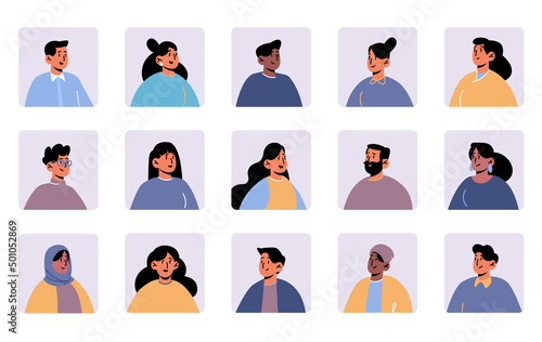 Diverse people avatars, man and woman characters faces for social media profile. Vector flat illustration of portraits male and female person with different hairstyle in square frame