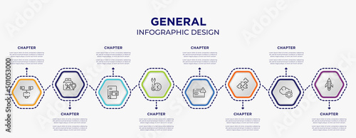 general concept infographic template with 8 step or option. included bpm, food delivery, build time, credit risk, compatibility, creative pencil rocket icons for abstract background.