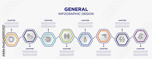general concept infographic template with 8 step or option. included clockwise, heart in flames, traffic barriers, nippers, perforator, teddy bear with sleep hat icons for abstract background.