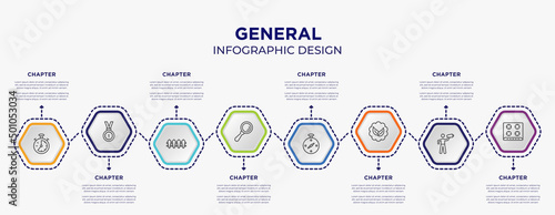general concept infographic template with 8 step or option. included analog stopwatch  win  magnifiying glass  compass pointing south east  go green badge  hob icons for abstract background.
