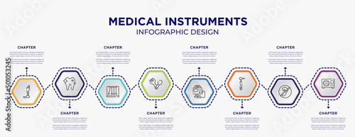 medical instruments concept infographic template with 8 step or option. included prothesis, orthodontic, spoon and fork, defibrillator, dental drill, sterilization icons for abstract background.