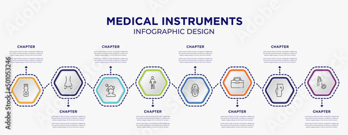 medical instruments concept infographic template with 8 step or option. included talcum powder, smelling, prosthetic, sanitary napkin, organ container, oxygen mask icons for abstract background.
