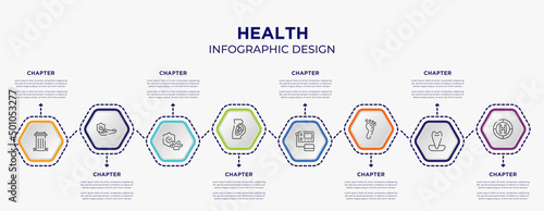 health concept infographic template with 8 step or option. included recycle bin container, travel insurance, fetus, blood pressure gauge, human footprints, heliport icons for abstract background.