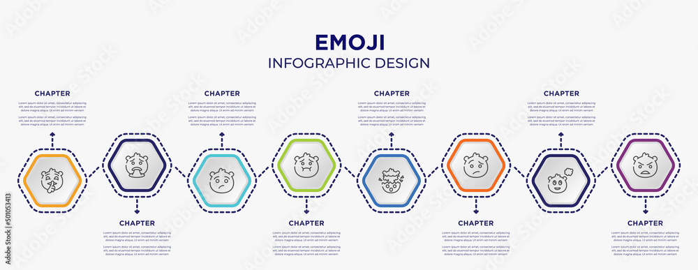 emoji concept infographic template with 8 step or option. included quiet emoji, puking emoji, nauseated exploding head confused angry icons for abstract background.
