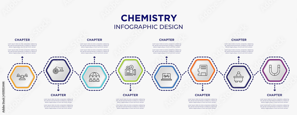 Naklejka premium chemistry concept infographic template with 8 step or option. included balancer, chariot, documentary, electrocardiogram, sd, magnets icons for abstract background.