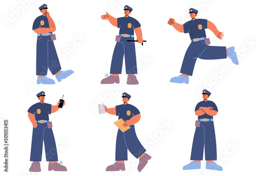 Policeman character in different poses. Police officer or guard in blue uniform with cap and badge. Vector flat illustration of man cop with walkie talkie, baton and traffic ticket