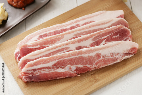 grilled pork belly BBQ , korean cuisine. samgyeopsal 