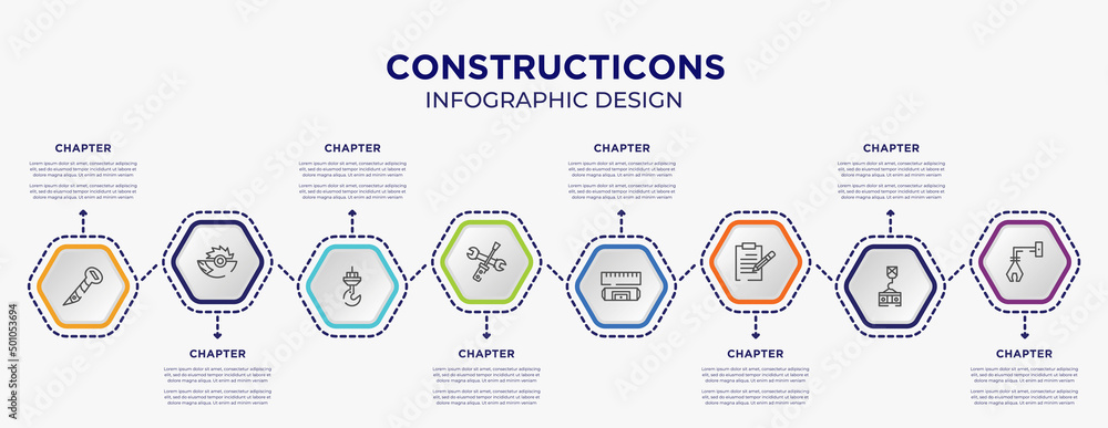 Naklejka premium constructicons concept infographic template with 8 step or option. included screw hand drawn tool, saw half cogwheel, screwdriver and doble wrench, rule and level, pencil on paper sheet, derrick