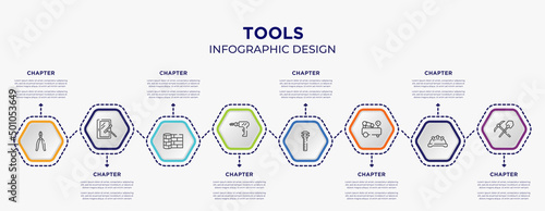 tools concept infographic template with 8 step or option. included big pliers, window cleaner, perforator, sliding scale, air compressor, mine icons for abstract background.