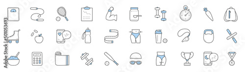 Sport exercises and healthy lifestyle icons with dumbbell, diet food, slim body, yoga mat and measure tape. Vector hand drawn set of fitness with water bottle, baseball, tennis and swim equipment
