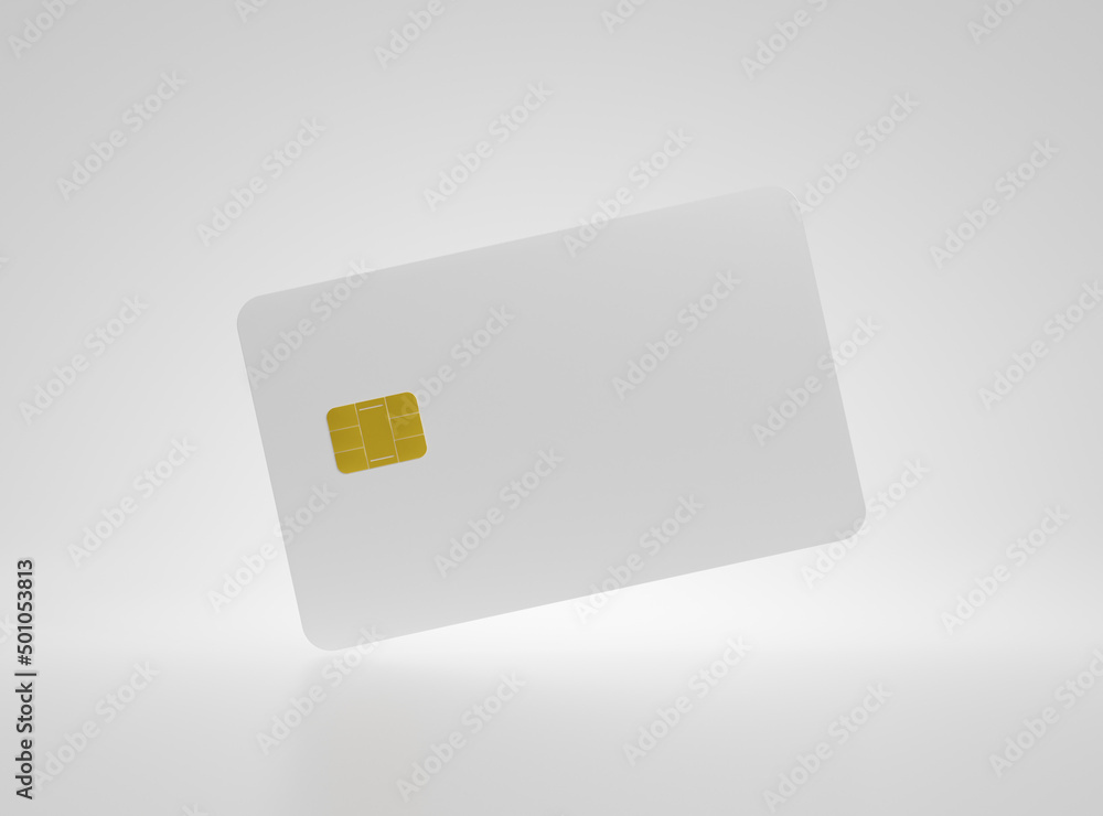 White blank credit or smart card with a golden EMV chip on white background, e-commerce business concept. 3d rendering. White blank credit or smart card with a golden EMV chip on white background, e-commerce business concept. 3d rendering.