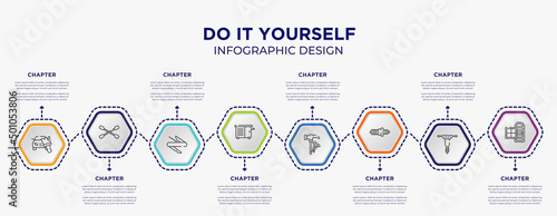 do it yourself concept infographic template with 8 step or option. included car painting, lug wrench, vise, hammer and nail, spark plug, door and window icons for abstract background.