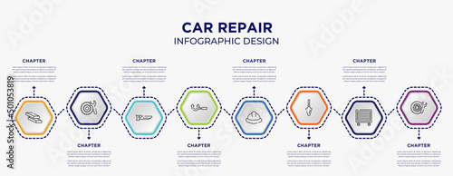 car repair concept infographic template with 8 step or option. included firewood trunks stacked, tyre, micrometer, utensils, garden palette, winter tires icons for abstract background.