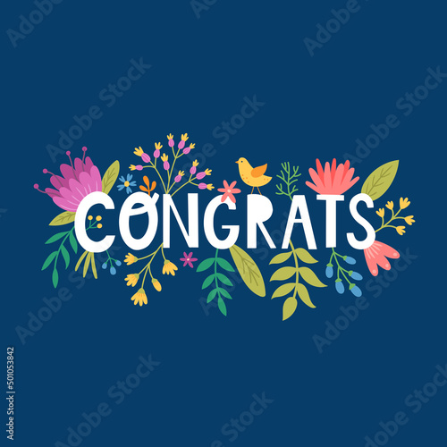 vector blue card with flowers and congrats text