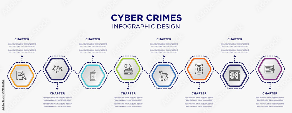 cyber crimes concept infographic template with 8 step or option. included investigation, comic, cloud servers, trojan horse, pack, code injection icons for abstract background.