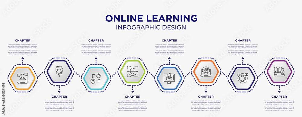 online learning concept infographic template with 8 step or option. included webinar, dvi, face recognition, talk show, no virus, tuition icons for abstract background.