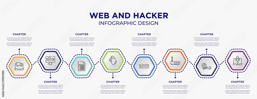 Naklejka premium web and hacker concept infographic template with 8 step or option. included online tracking, web analytics, trackball, hdmi port, wireless router, missile icons for abstract background.