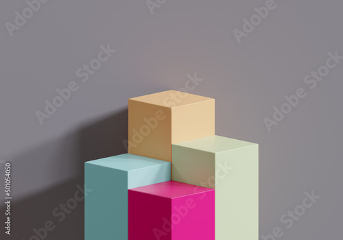 Colorful cube podium for product display. scene with geometrical forms. empty showcase, 3d rendering.