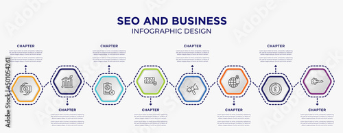seo and business concept infographic template with 8 step or option. included return on investment, demand, no money, favourites, trademark, keyword icons for abstract background.