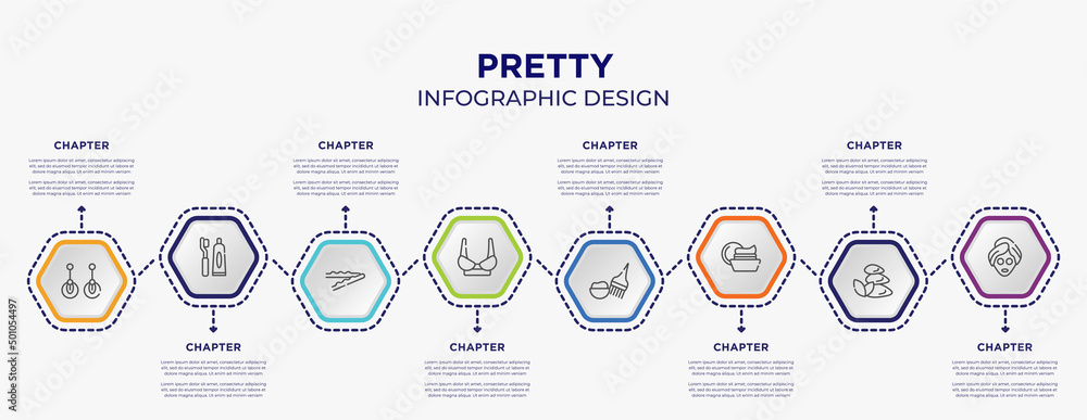 Naklejka premium pretty concept infographic template with 8 step or option. included two earrings, toothbrush and toothpaste, women brassiere, hair dye kit, facial cream, beauty face mask icons for abstract