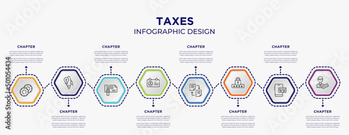 taxes concept infographic template with 8 step or option. included casino chip, start up, identification card, distributed ledger, pin code, officer icons for abstract background.