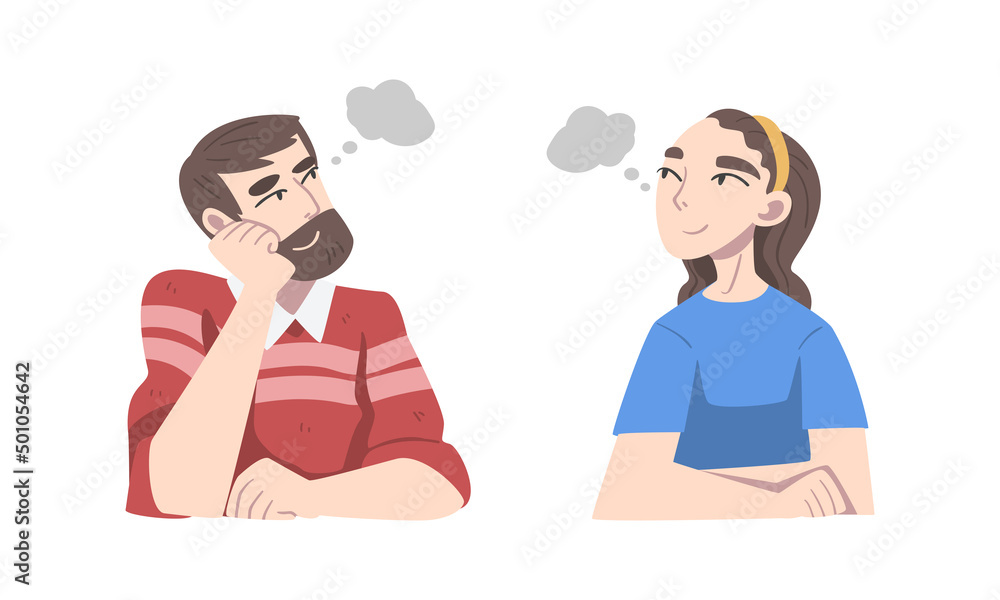 Fototapeta premium Dreaming young man and woman thinking and planning with speech bubbles cartoon vector illustration