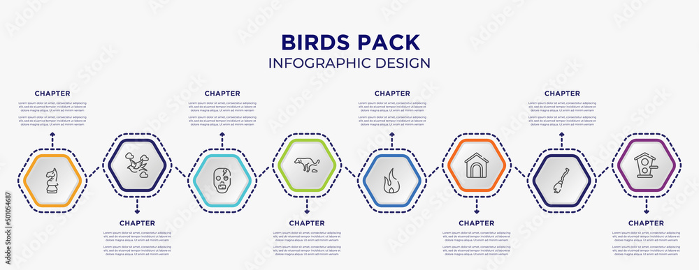Naklejka premium birds pack concept infographic template with 8 step or option. included horse head chess piece, null, dog shitting, fire flame, dog and pets house, birds home icons for abstract background.
