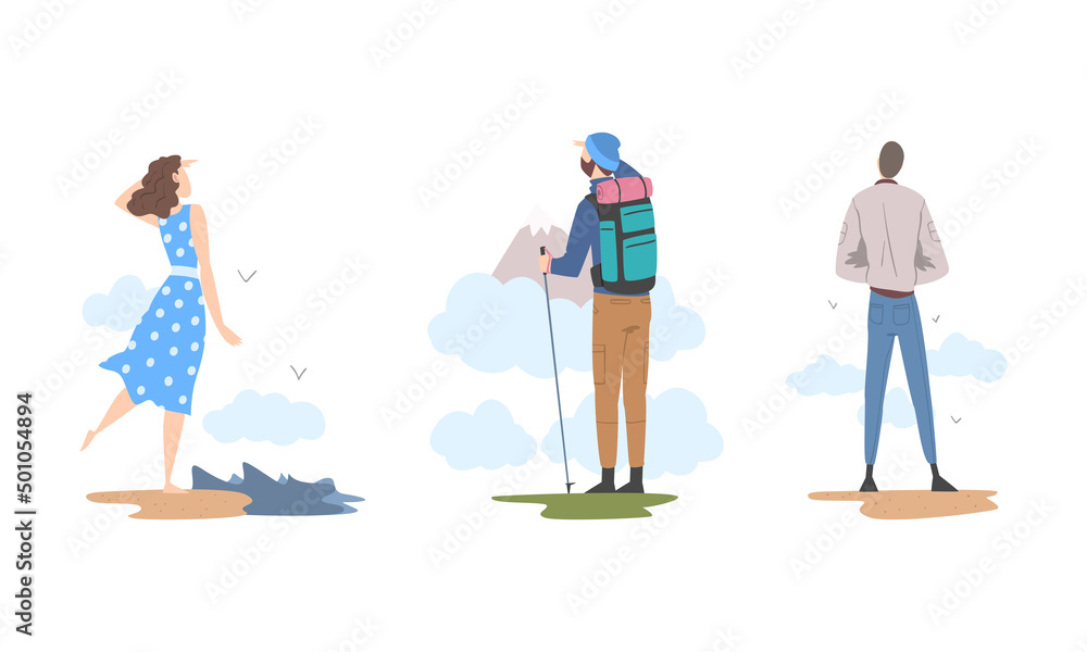 People enjoying of beautiful nature landscape set. Man and woman hiking on nature and walking on beach cartoon vector illustration People enjoying of beautiful nature landscape set. Man and woman hiking on nature and walking on beach cartoon vector illustration
