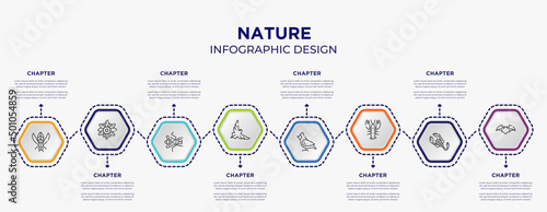 nature concept infographic template with 8 step or option. included winged insect, sunflower, eagle, cardinal, lobster, bat icons for abstract background.