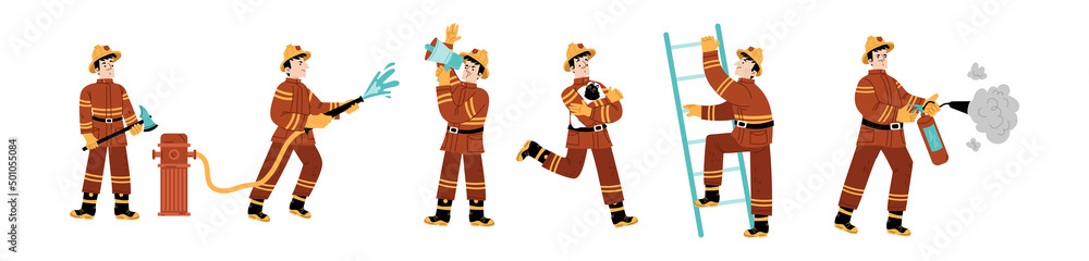 Fireman with extinguisher, hydrant, water hose, axe, ladder and megaphone. Vector flat illustration of professional firefighter man in red costume and helmet rescues cat