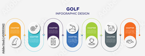 golf concept infographic design template. included fin, tire pressure, hockey pitch, handbrake, waterpolo player, oil down, visor icons for abstract background.